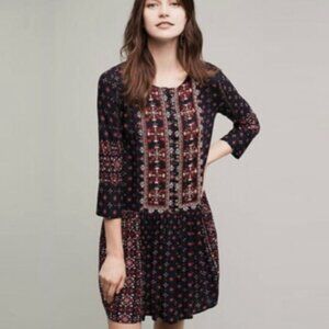 Vanessa Virginia x Anthropologie Navy Kaleidoscope Pattern Embroidered Dress (L)